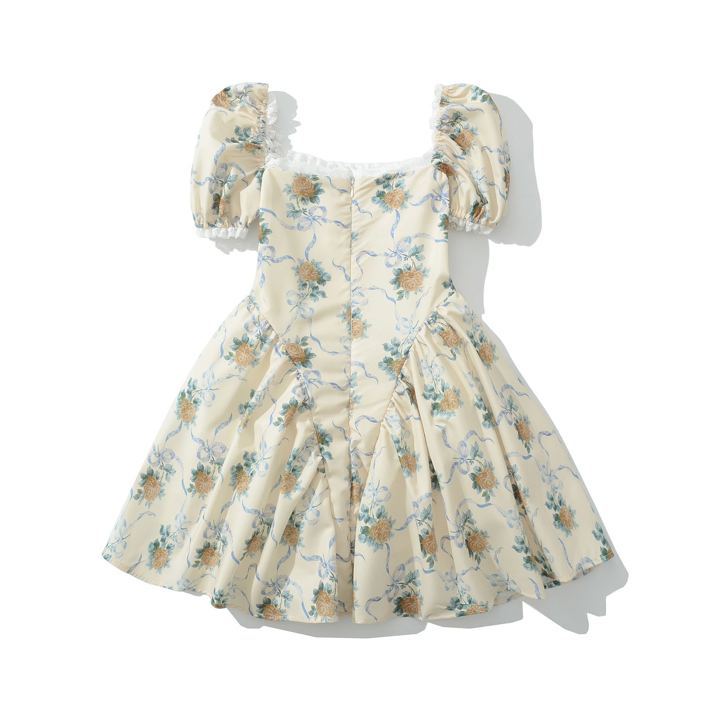 Square neck bubble sleeve printed lace patchwork dress for women
