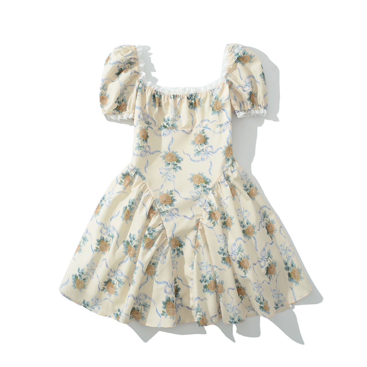 Square neck bubble sleeve printed lace patchwork dress for women